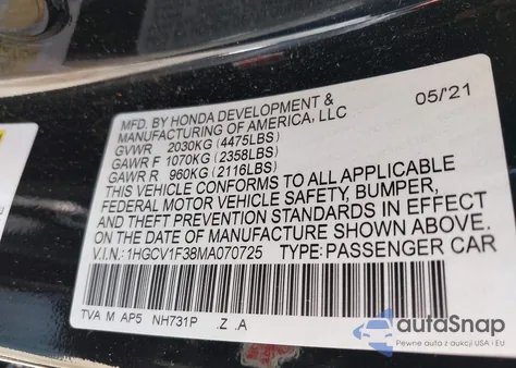 2021 Honda Accord Sport z USA, uszkodzony, nr VIN 1HGCV1F38MA070725